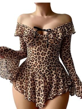 Leopard Print Off-Shoulder Ruffled lingerie set
